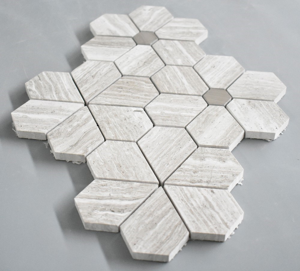 White Oak Silver Cream Sun Flower Mosaic Tiles Pattern For Backsplash