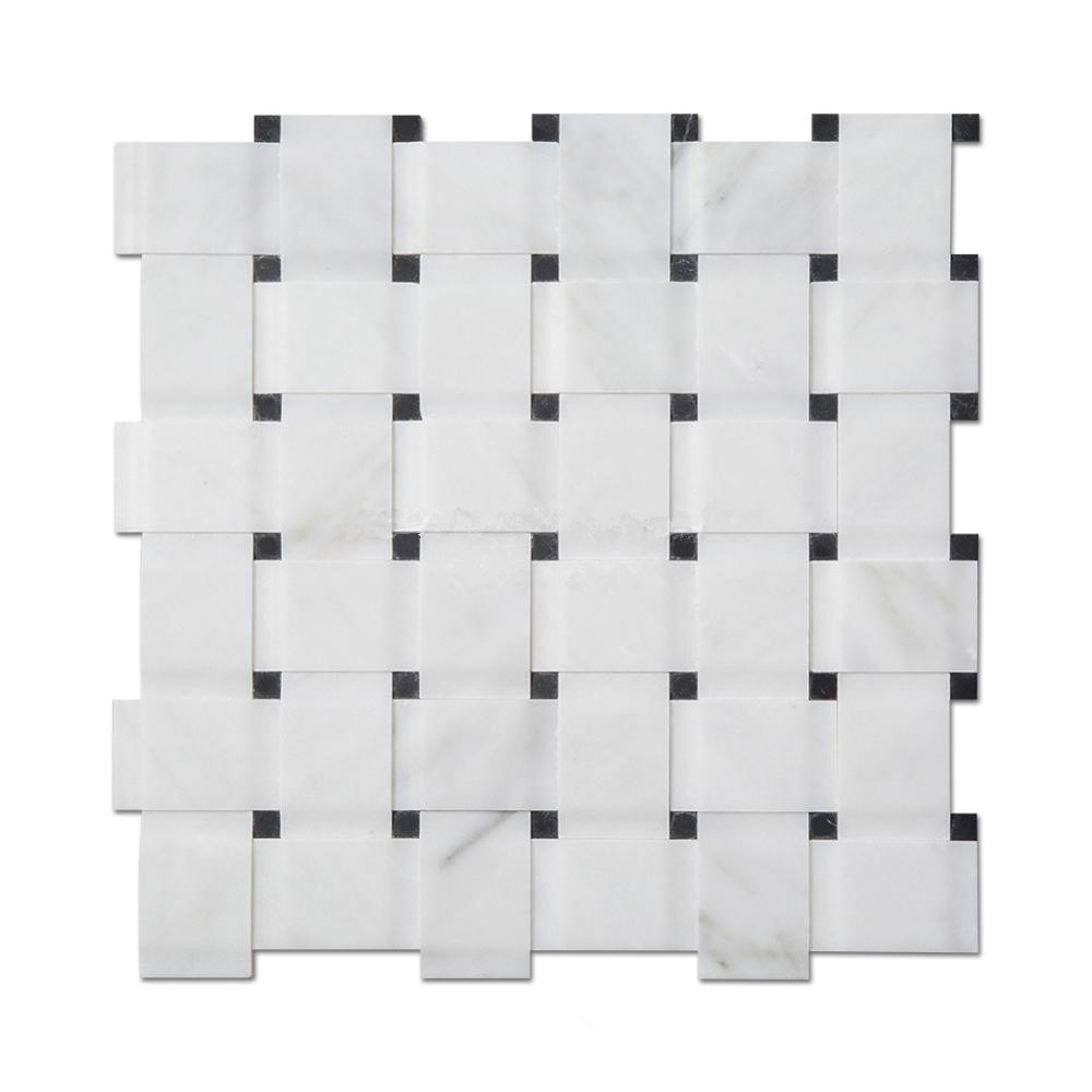 Bianco Carrara White 3D Design Basketweave Mosaic Tiles With Black Marquina Dot