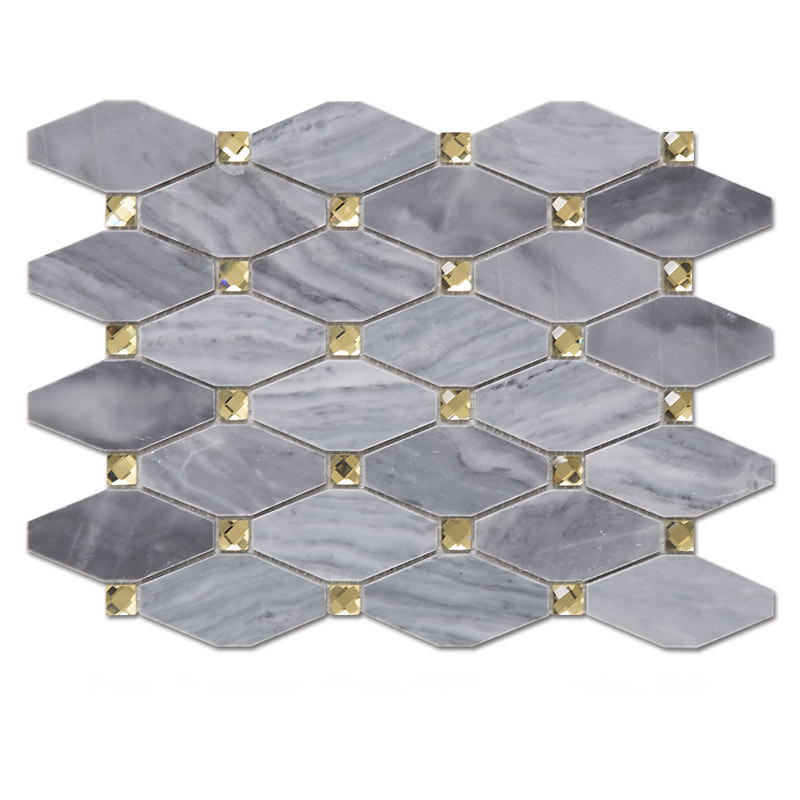 Gray Marble Long Octagon Mosaic Tiles With Glass Diamond Dots  