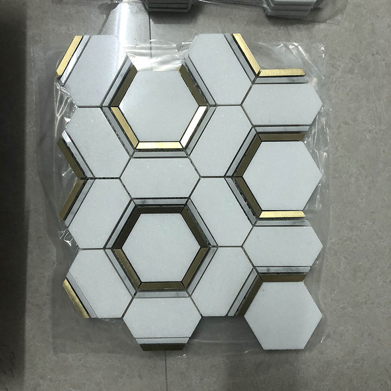 Thassos white marble gold brass Hexagon  Polished honeycomb Mosaic Tile