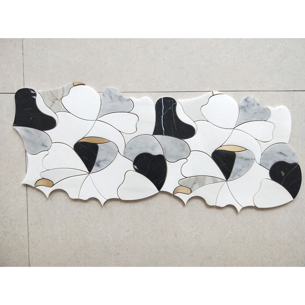 Black and white marble with brass flower new design mosaic tile