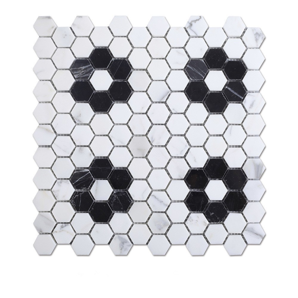  Greece Volakas White Marble With Chinese Nero Marquina Black Hexagon Mosaic Tile