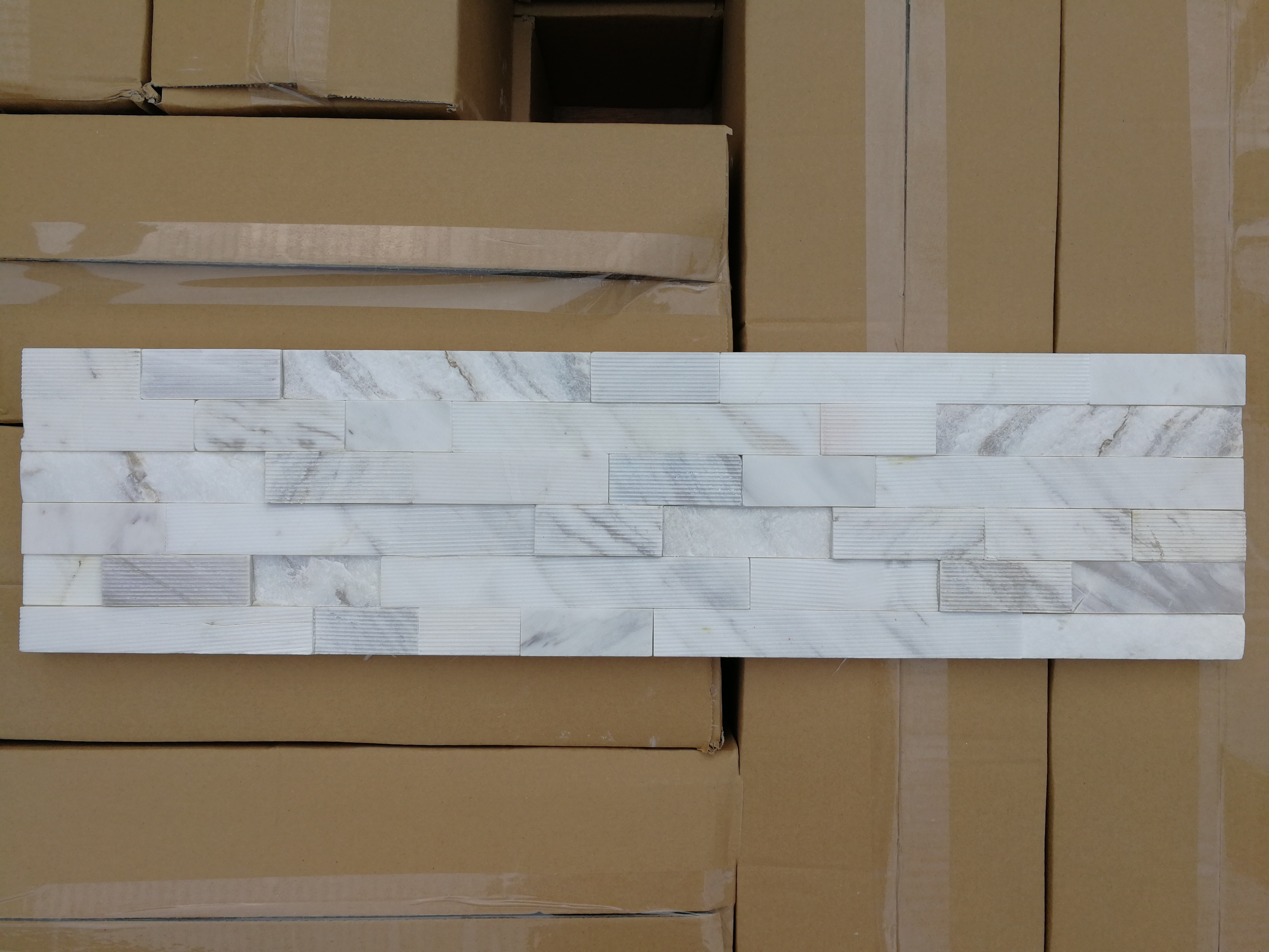 Volakas Marble ,Greece white marble ,White marble split and Grooved face ledger stone panel, culture stone ,wall cladding ,stone veneer panel , stone wall decoration