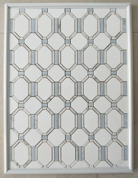 White and light blue marble waterjet mosaic tile