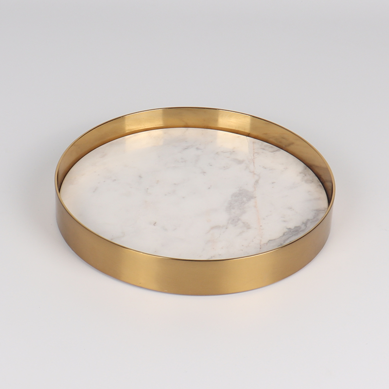 Round White marble tray with gold edge 
