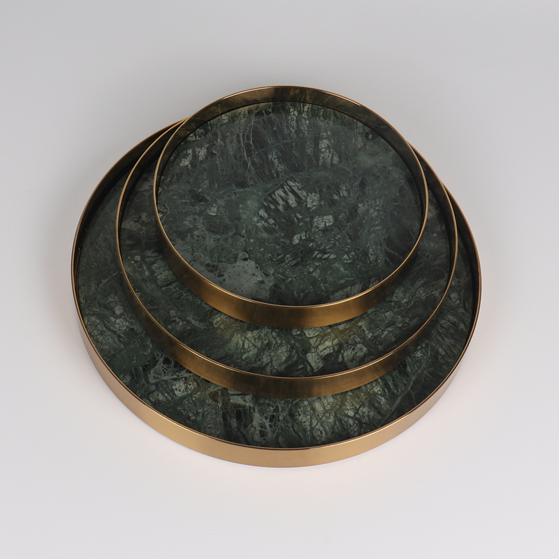 Round Green marble tray with gold edge 