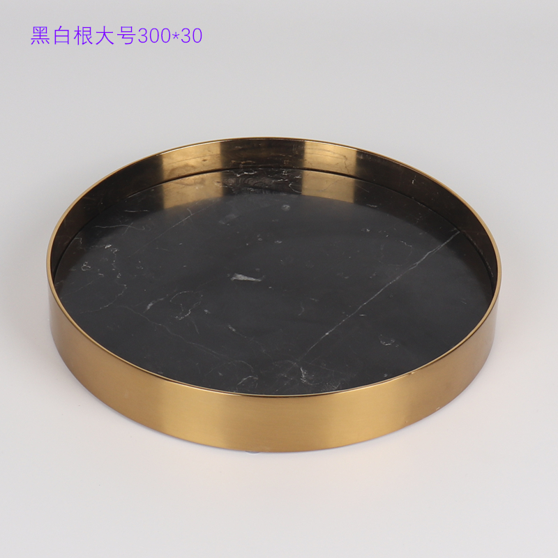 Round Black  marble tray with gold edge 