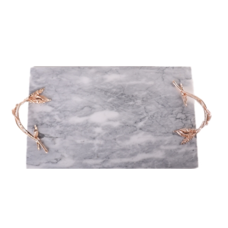 White Marble Rectangular Decorative Tray with Gold Leaf-and-Vine-Shaped End Handles