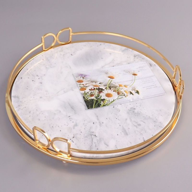 Nodic White Marble Round  Home Decor  Dresser Metal Serving Marble Tray