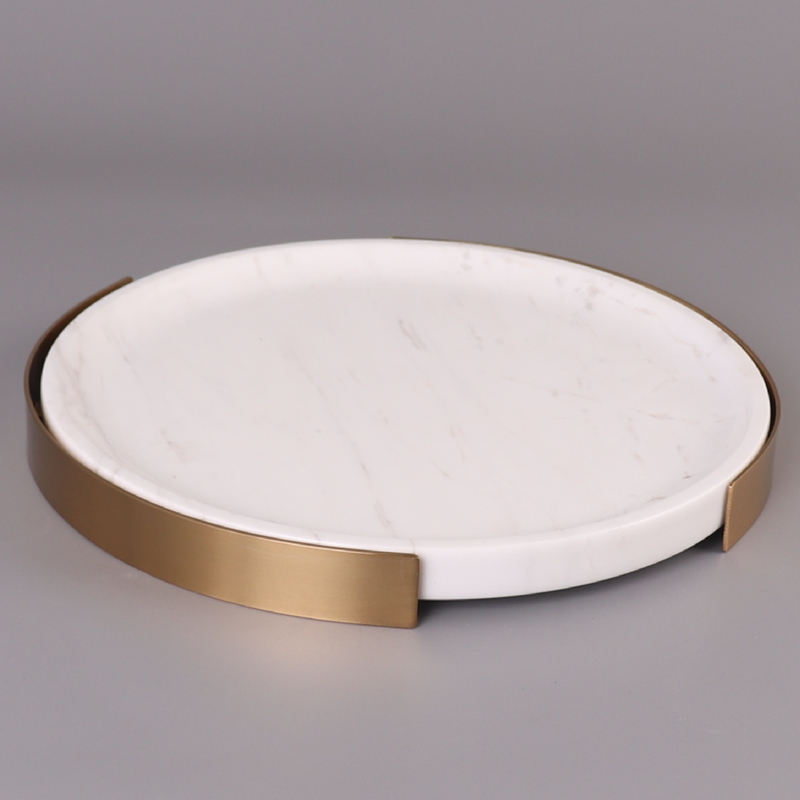 Light Luxury White Marble Round  Home Decor  Dresser Metal Serving Marble Tray