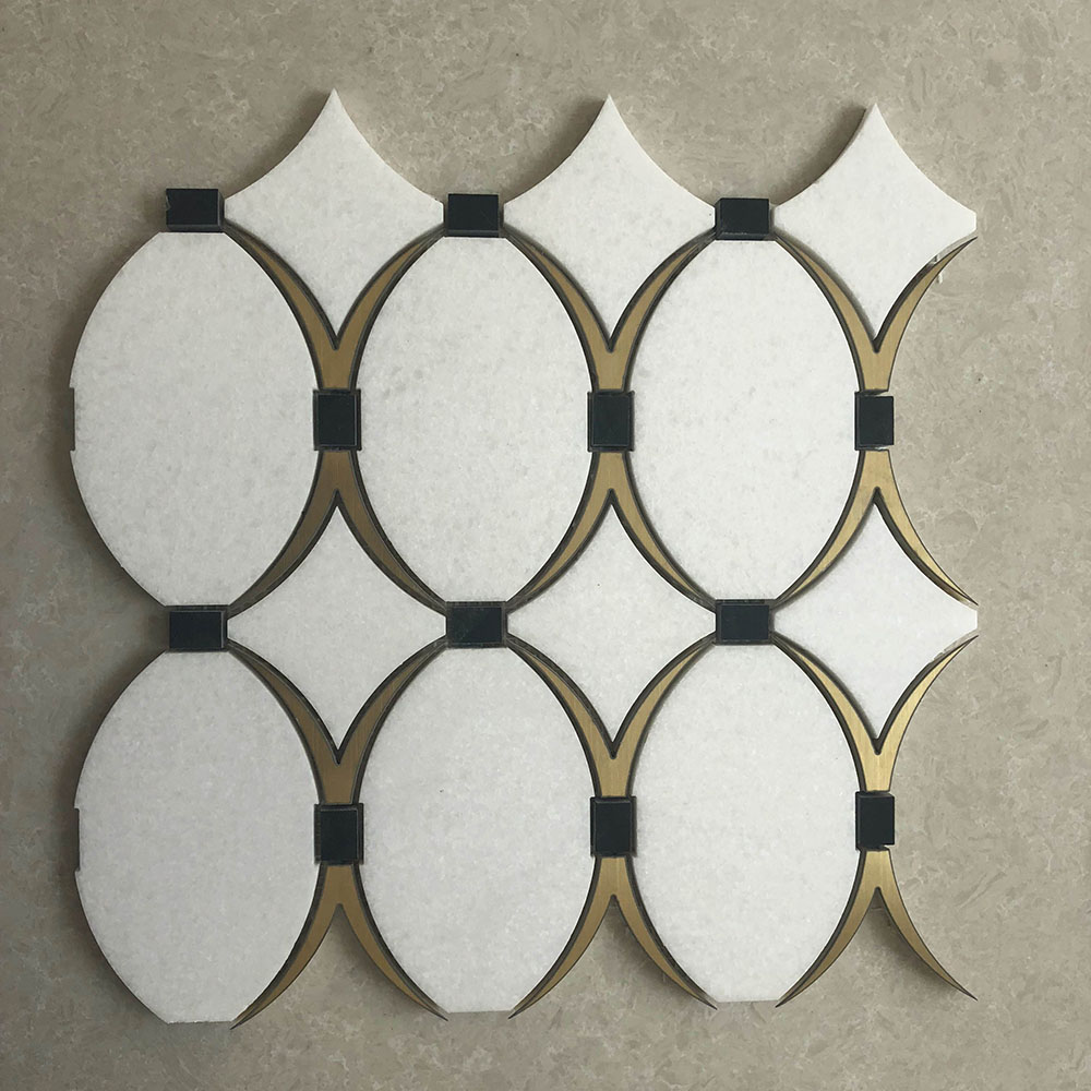 Crystal white and black marble with gold metal waterjet mosaic