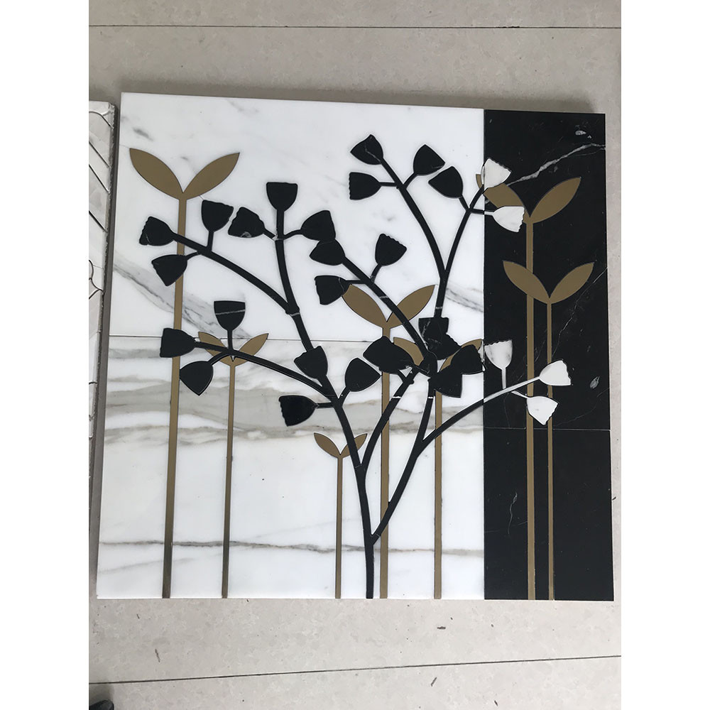 Black and white marble inlay brass art tree and flower design mosaic tile