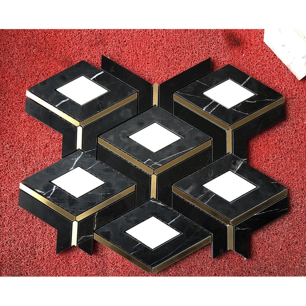  Inlay brass gold black and white marble mosaic star tile