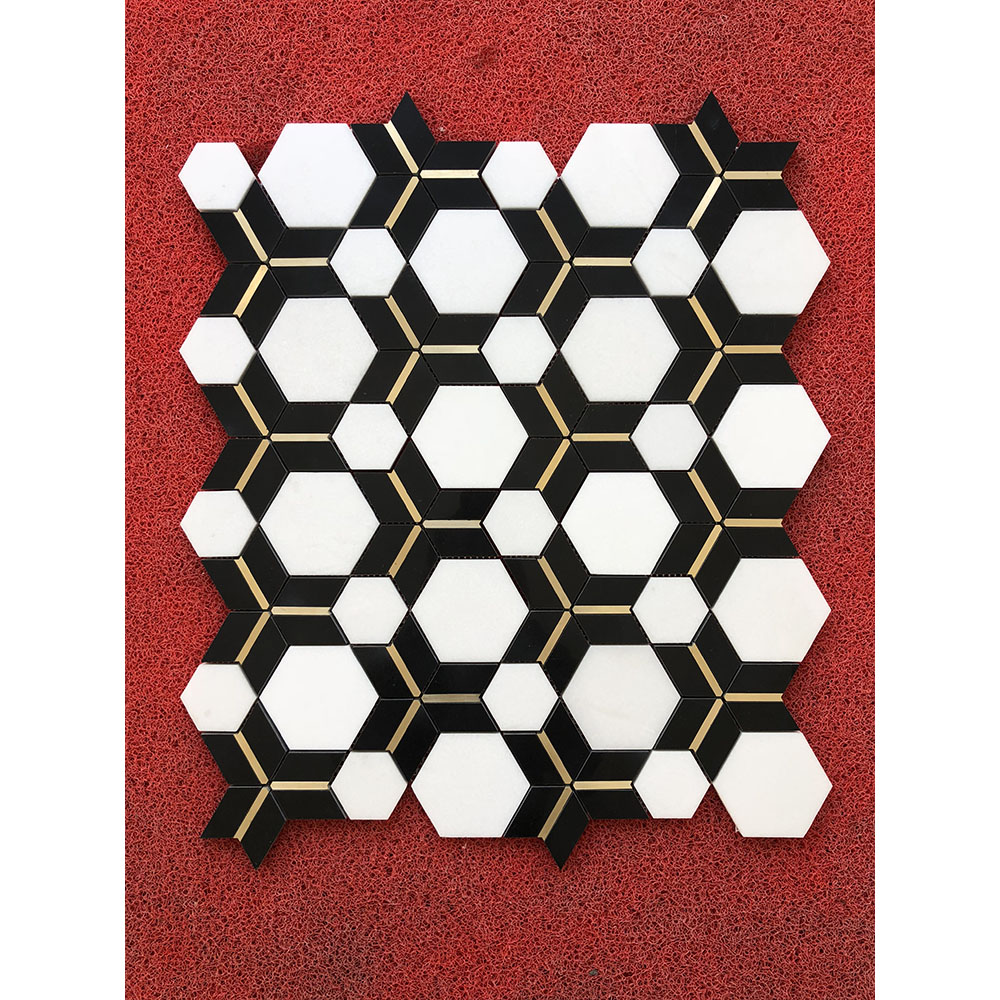 Pure White marble and black inlay gold metal hexagon mosaic stone tile 