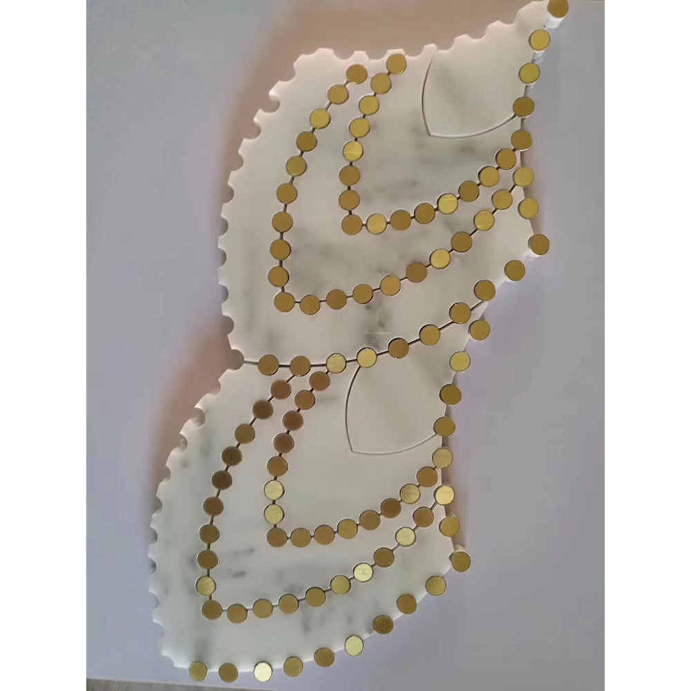 White marble inlay round brass gold necklace design stone tile