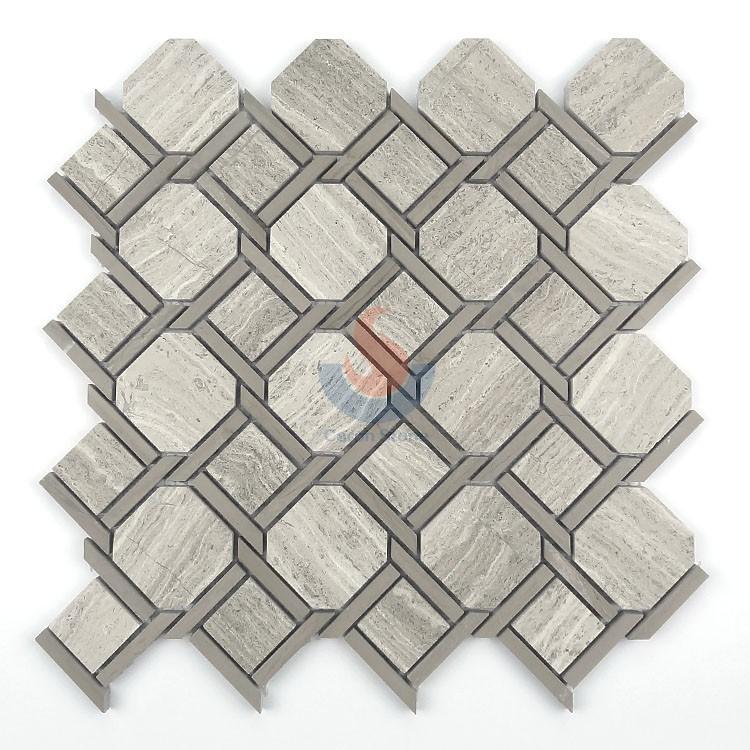 Wood Vein Grey Marble Vein Cut  Octagon Mosaic Tile,White Oak Silver Cream Floor Wall Mosaic,White Oak, White Wood Vein, Athen Grey Marble Mosaic, Grey Wood Vein Marble