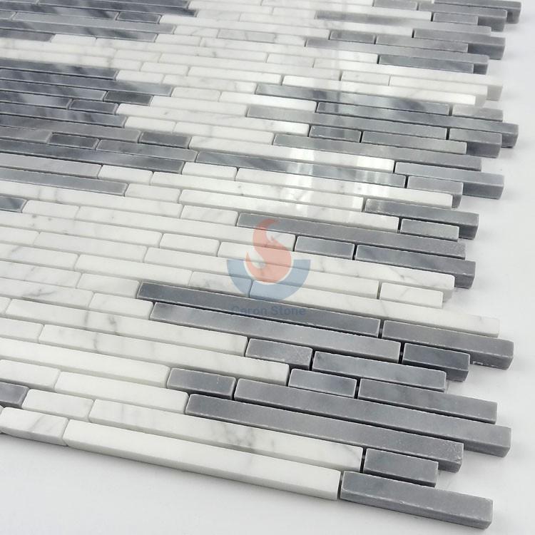 Polished Grey and White Random Strip Marble Mosaics, Bianco Carrara and Bardiglio Grey Linear Strips Mosaic , Italy Grey Brick Mosaic Tile ,Carrara Mosaic,Oriental White Liner Strip