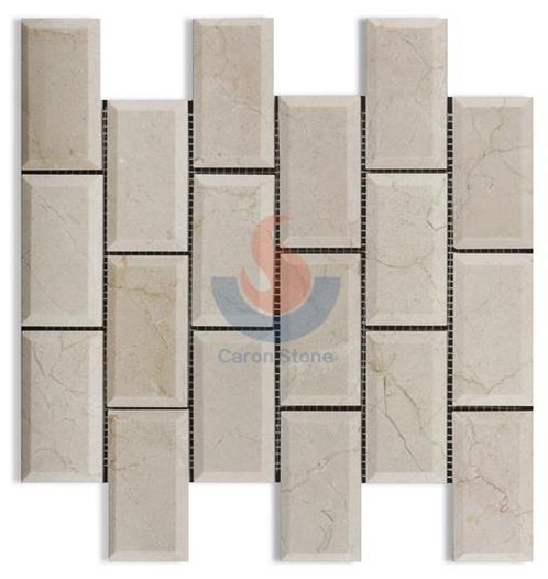 Crema Marfil Beveled Subway Tile,Spanish Crema Marfil Brick Mosaic Tile, Cream Marble Mosaic, Marble Subway Wall Mosaic Tile ,Crema Marfil Beveled Pillowed Mesh-Mosaic Marble Tile