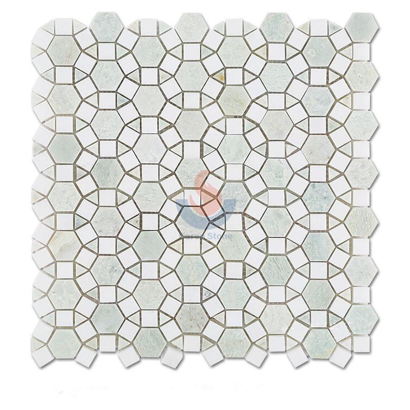 Ming Green Marble And Thassos White Flower Pattern Mosaic Tiles , New Design  White Marble Mosaic