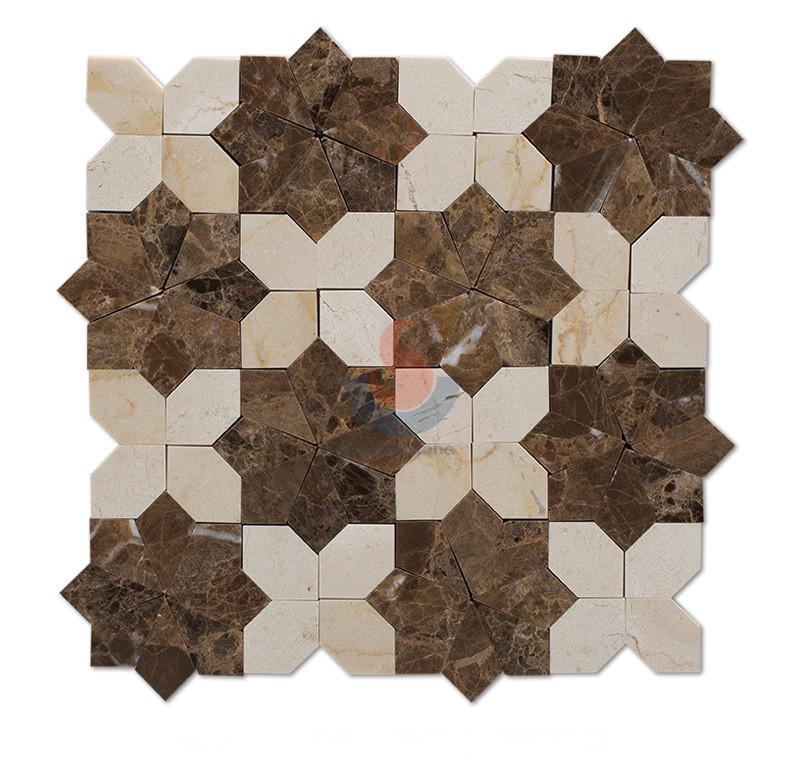 Crema Marfil and Emperador Dark Marble Mosaic Flower Pattern