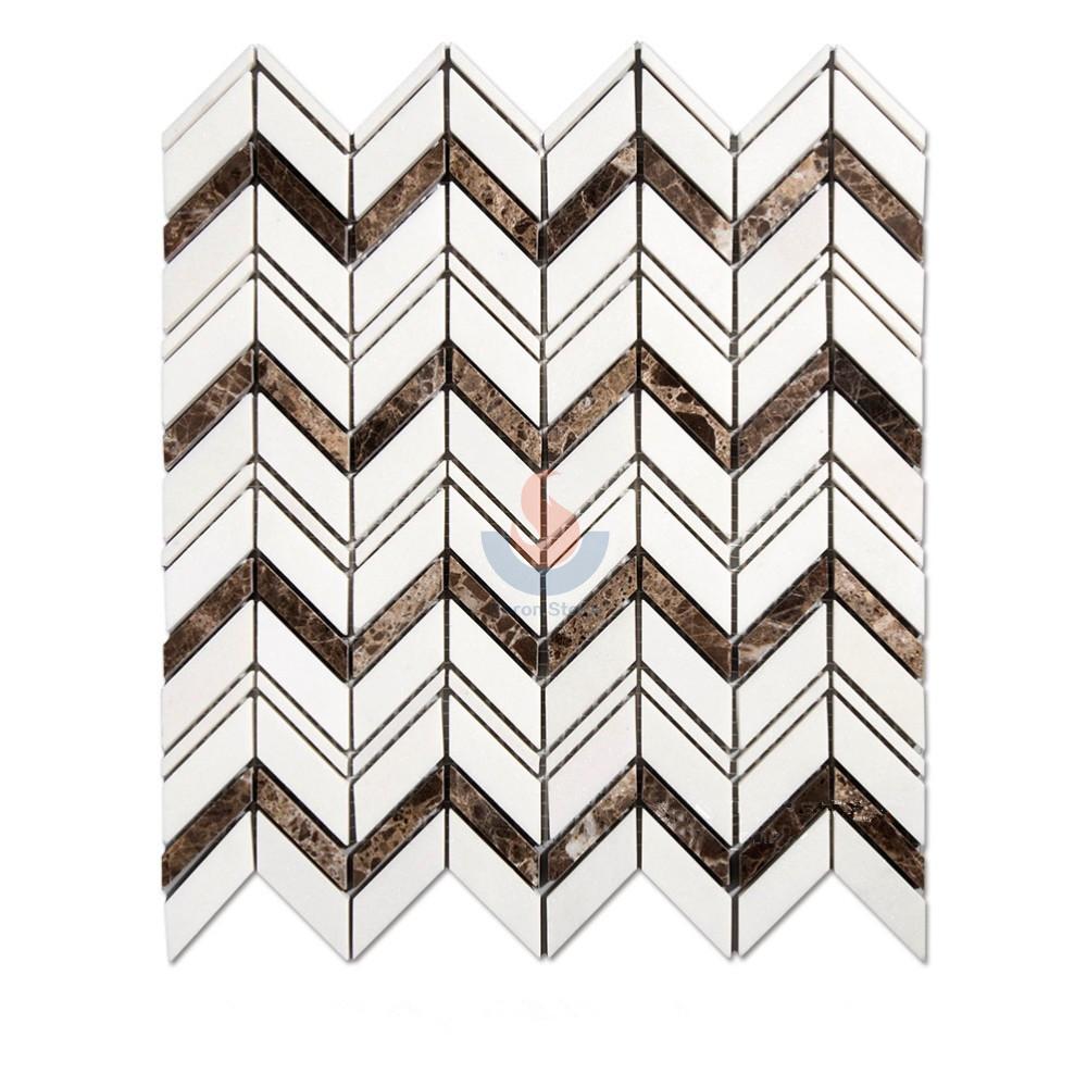 Thassos White Marble Mixed Dark Emperador Chevron Mosaic Bathroom Floor Tile