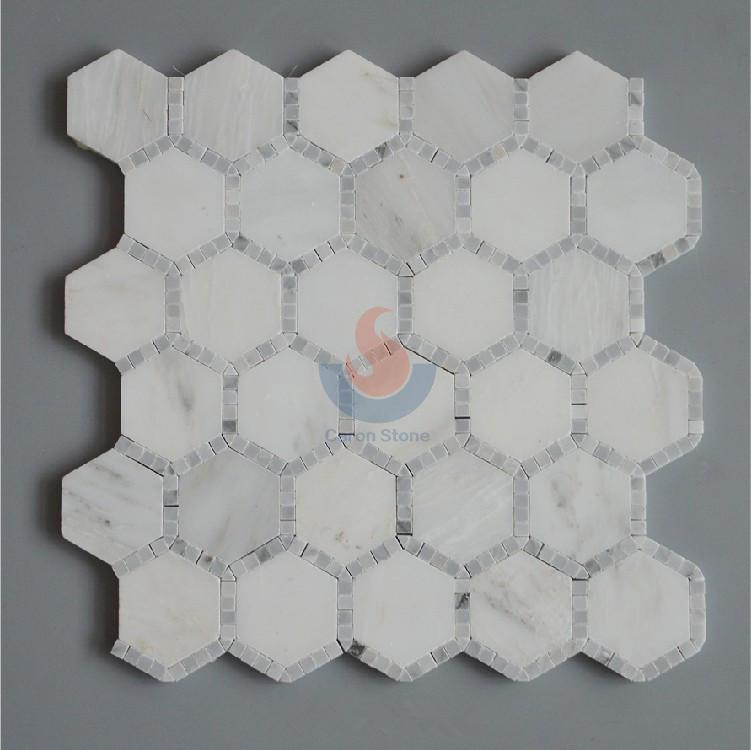 Bianco Carrara White Marble  With Oriental White  2 Inch Hexagon Mosaic Tiles