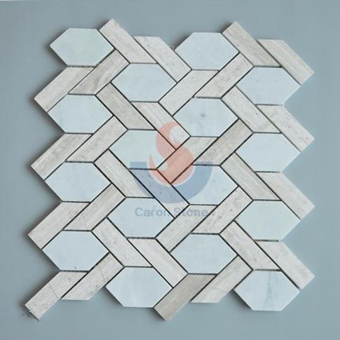 Italy Carrara  White And China Wooden Gray Marble Basketwave Kitchen Mosaic Floor Tile