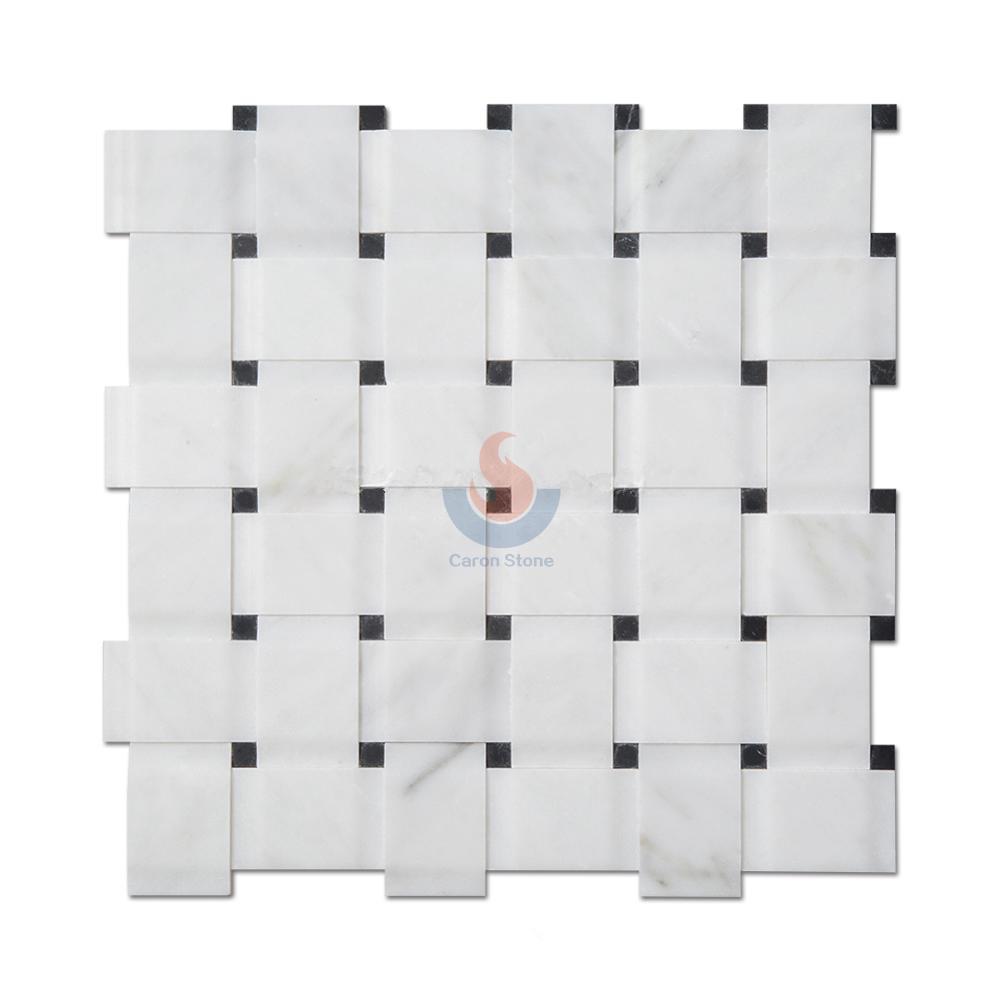 Bianco Carrara White 3D Design Basketweave Mosaic Tiles With Black Marquina Dot