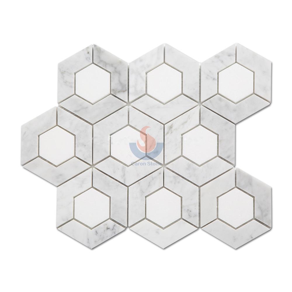 Carrara White Mixed Thassos White Marble Hexagon Mosaic Tiles