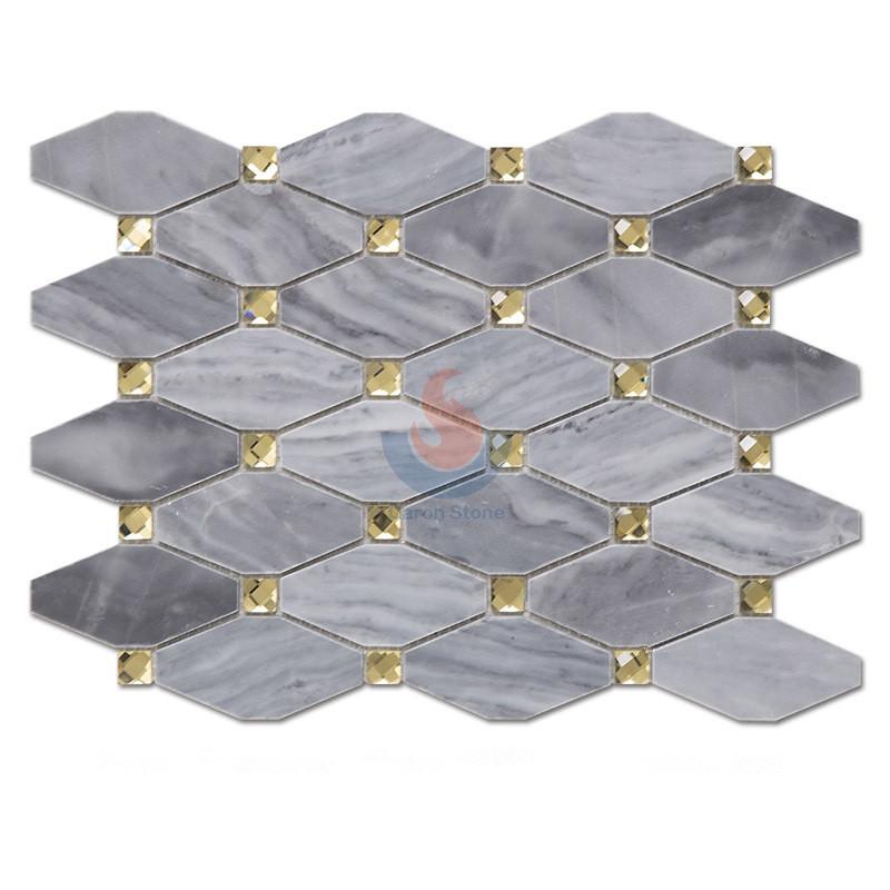 Gray Marble Long Octagon Mosaic Tiles With Glass Diamond Dots