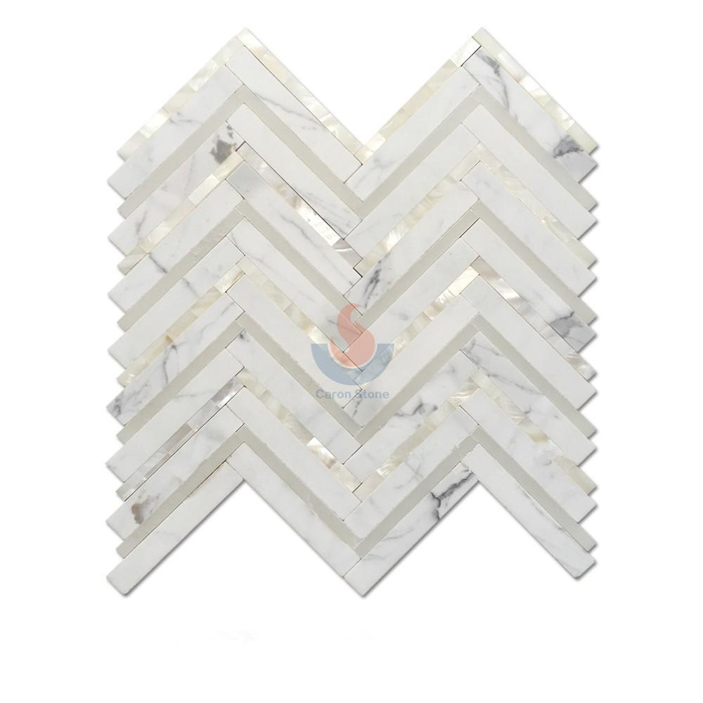 Calacatta Gold  Marble Mix Pearl Shell HerringboneChevron Mosaic Tile