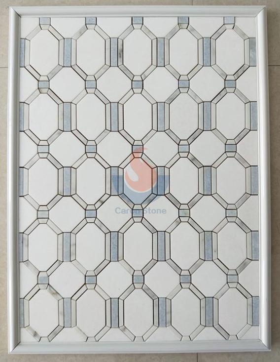 White and light blue marble waterjet mosaic tile