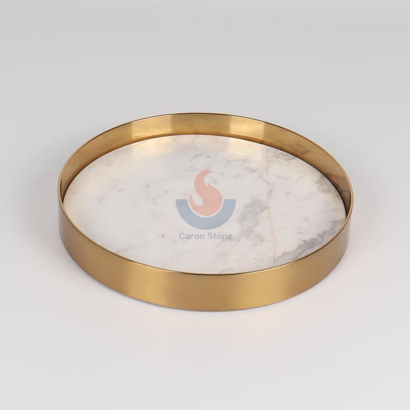Round White marble tray with gold edge