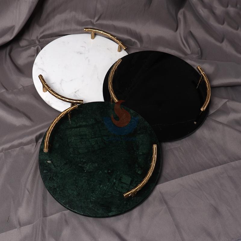 Metal Handle Round Black White Marble Tray Home Decoration Storage Supplies Coffee Tea Set Dessert Jewelry Outline Tray