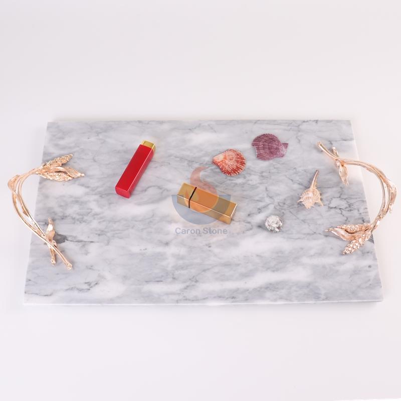White Marble Rectangular Decorative Tray with Gold Leaf-and-Vine-Shaped End Handles