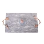 White Marble Rectangular Decorative Tray With Gold Leaf-and-Vine-Shaped End Handles -