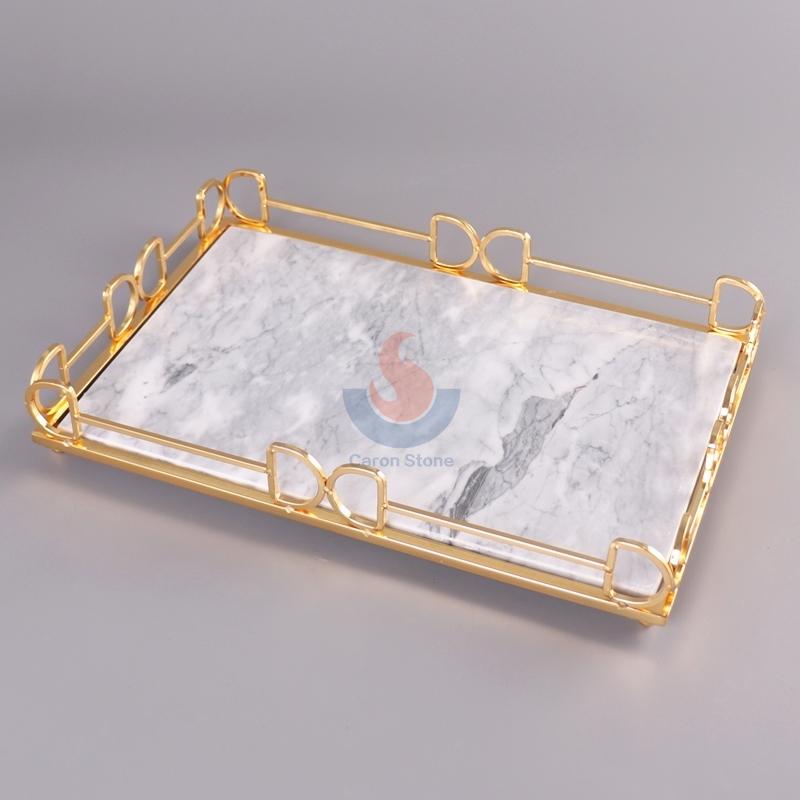 Nodic White Marble Rectangular Home Decor  Dresser Metal Serving Marble Tray