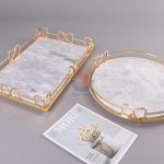 Nodic White Marble Rectangular Home Decor Dresser Metal Serving Marble Tray -