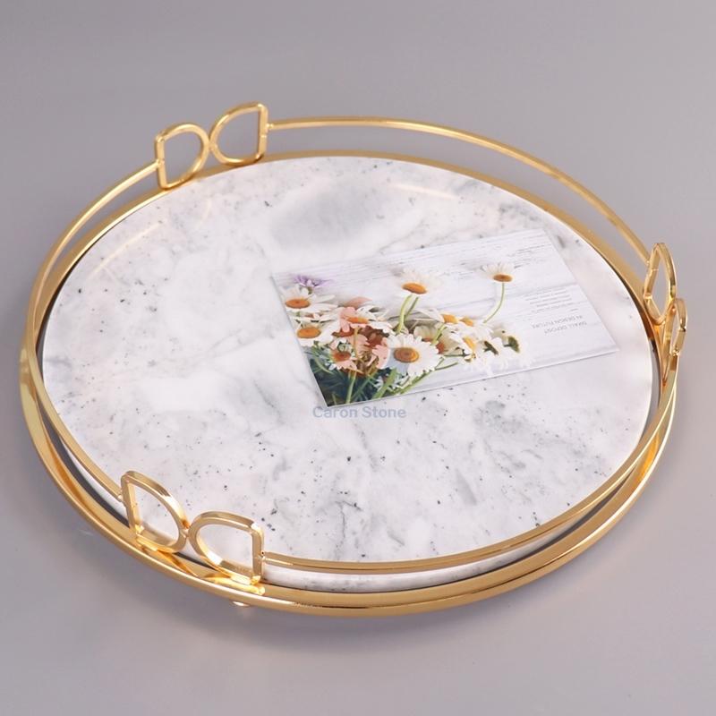 Nodic White Marble Round Home Decor Dresser Metal Serving Marble Tray