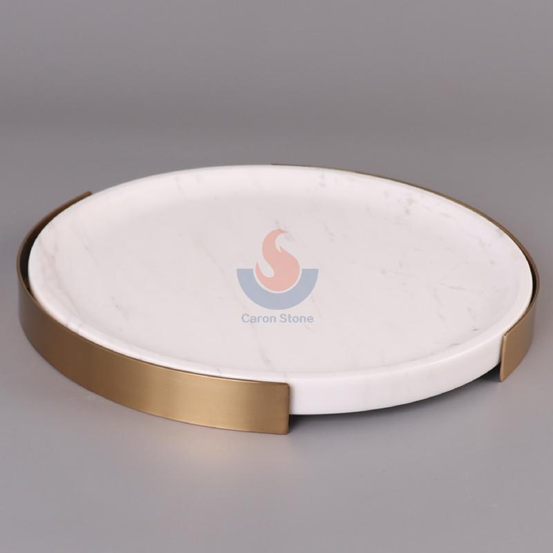 Light Luxury White Marble Round  Home Decor  Dresser Metal Serving Marble Tray