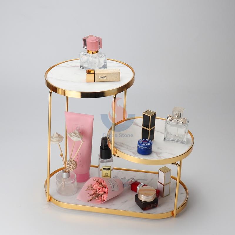 LUXURY NATURAL MARBLE PLATING GOLD 3LAYER COSMETICS BATHROOM STORAGE RACK HOME ACCESSORIES