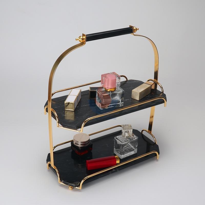 Natural 2 Layer Marble Vanity Tray, Gold Metal Dessert Cupcake Stand, Cosmetics Jewellery Perfume Organizer with Removeable Tray