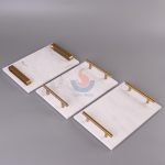 White Marble Rectangular Decorative Tray With Golden Metal Handles -