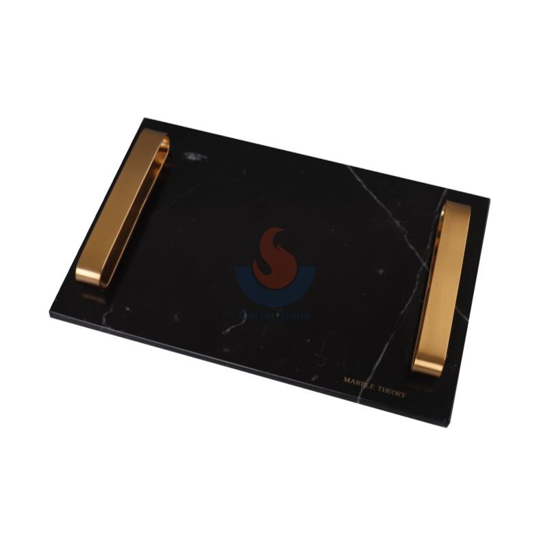 Black Marble Rectangular Decorative Tray with Golden Metal Handles