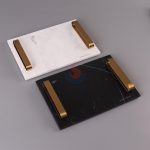 Black Marble Rectangular Decorative Tray With Golden Metal Handles -