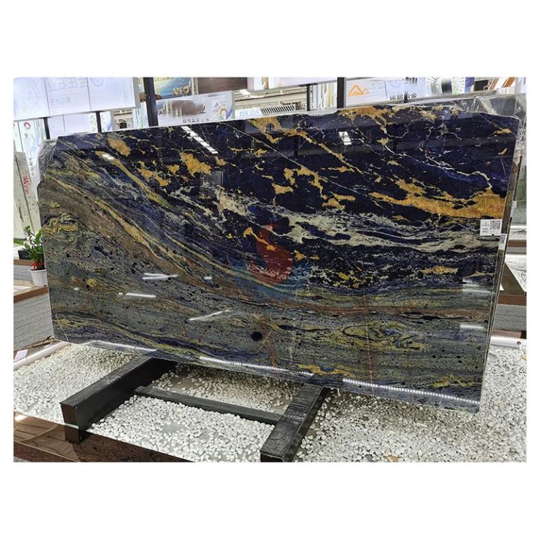 Full jumbo slab of exotic Cloisonne Blue Granite with royal blue crystals and golden snake-like veining by Caron Stone.