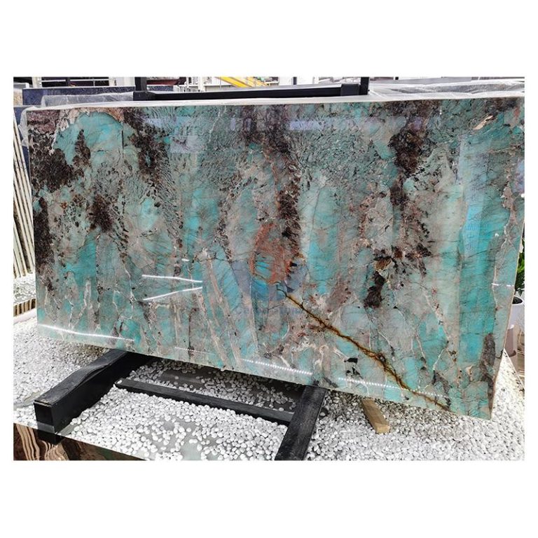 Full jumbo slab of vivid teal Amazonita Green Quartzite with copper and brown veins, sourced from Brazil.