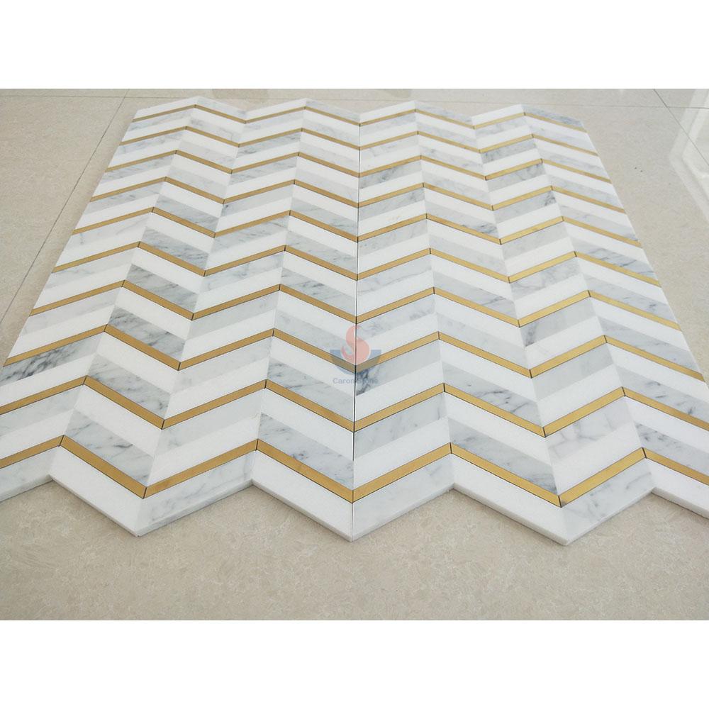 White marble with gold metal Herringbone mosaic tile