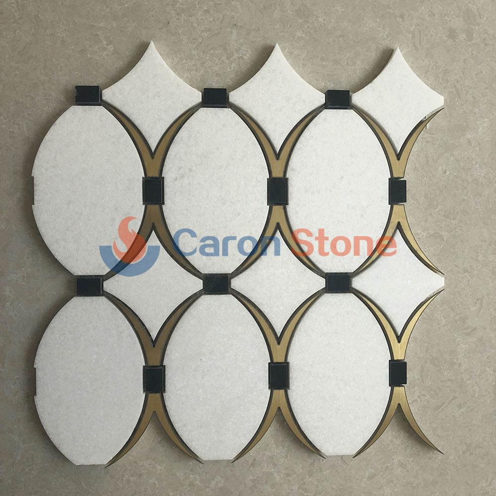 Crystal white and black marble with gold metal waterjet mosaic