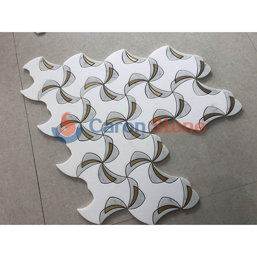 Carrara white and grey marble mosaic with brass